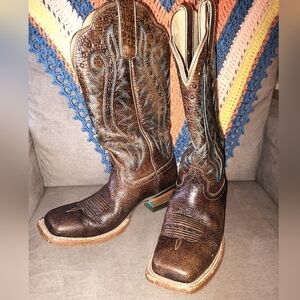 Ariat Brown and Turquoise Blue Leather Square Toe Western Riding Boots Size 8